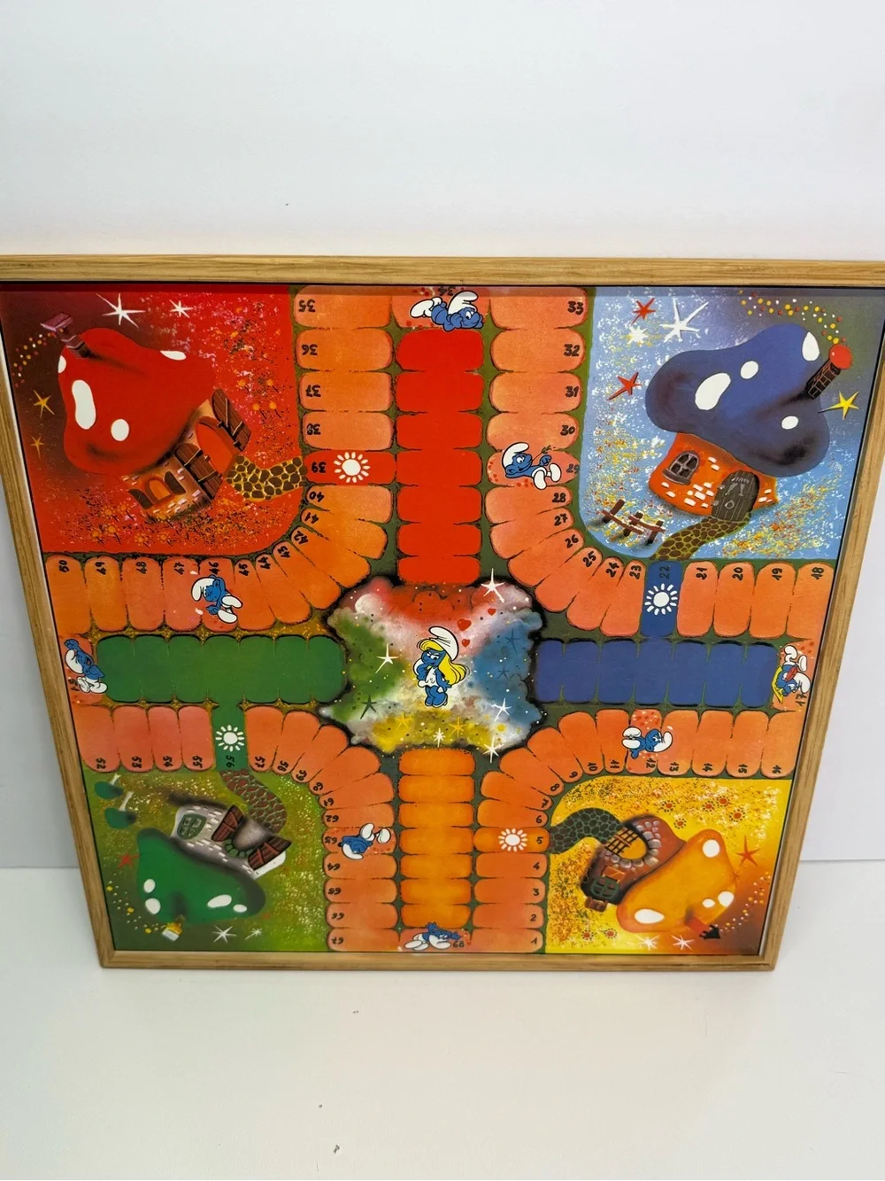 Vintage Smurfs Double‑Sided Board Game 1980s Peyo Artwork Framed Wooden Toy